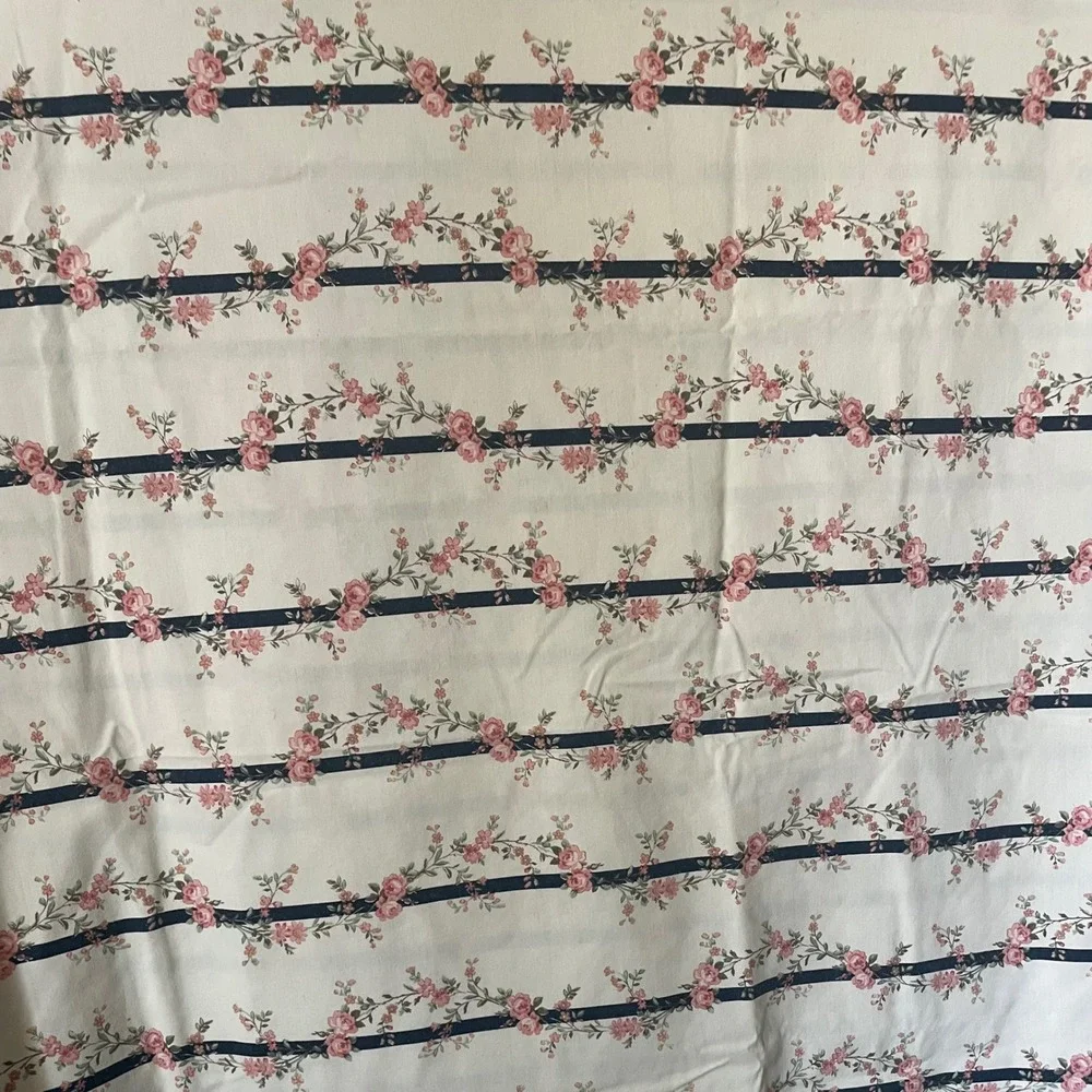 Vintage Fieldcrest Cannon Full Flat Sheet Pink Floral‎ Navy Stripe Cottagecore